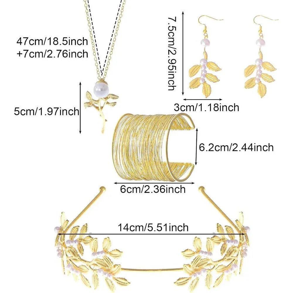 Greek Goddess Costume Jewelry Set Gold Laurel Leaf Crown Earrings Necklace